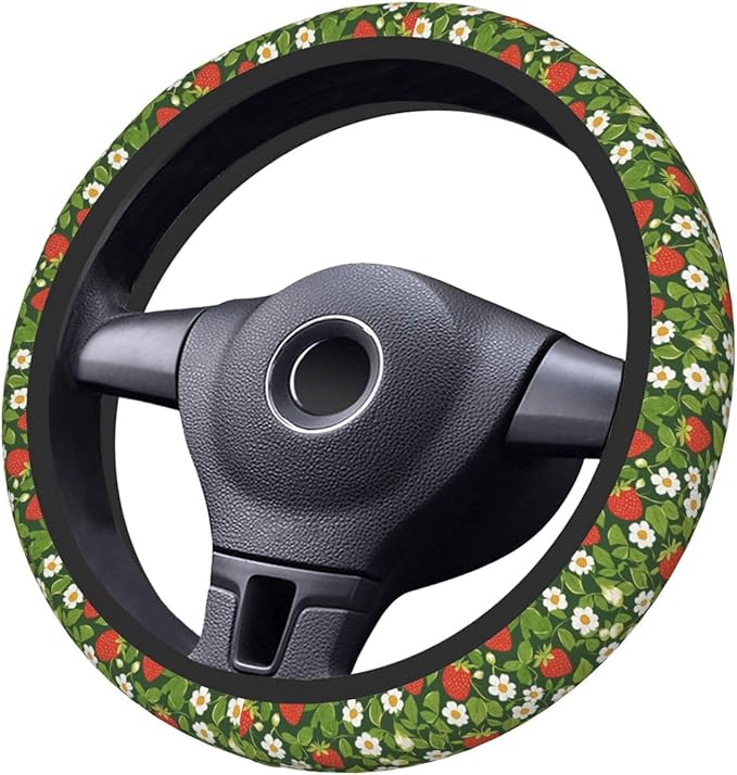 White Flowers Strawberry Steering Wheel Cover for Women Girls, 15 Inches Anti-Slip Steering Wheel Cover for Auto Truck SUV