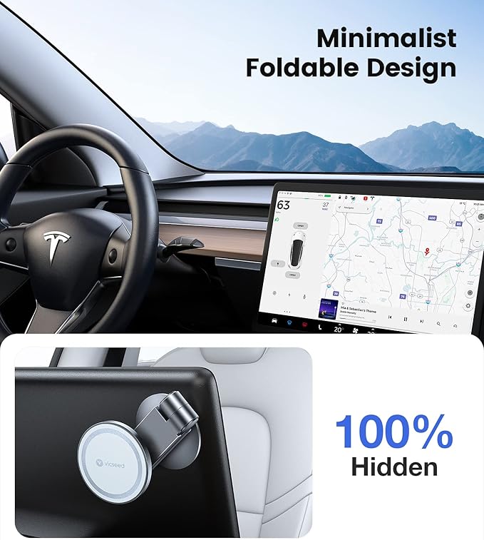 VICSEED Tesla Phone Mount【Strongest Magnet Power】 Foldable Hidden Tesla Phone Holder Fit for All Phones, Tesla Model 3/Y/Cybertruck Accessories, Tesla Model 3 Model Y for MagSafe Car Mount - White