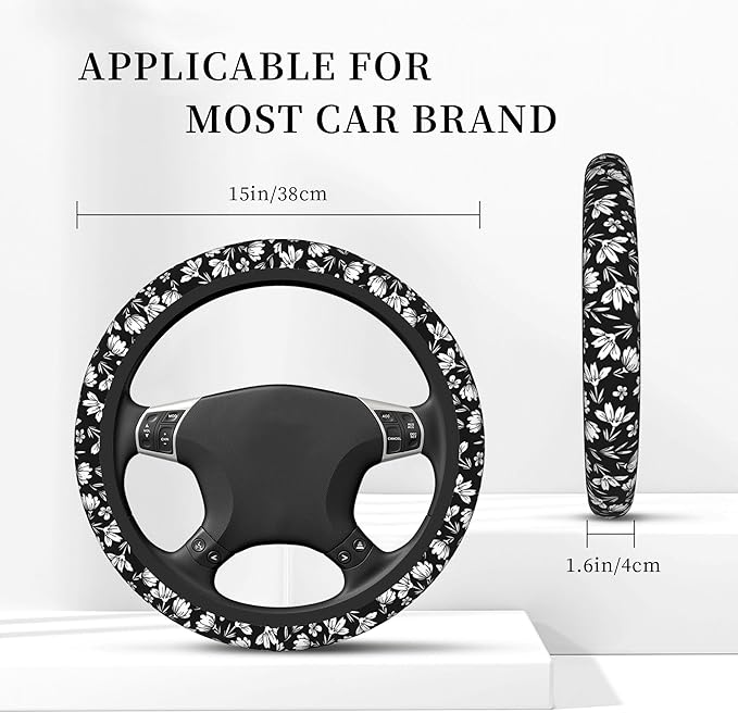 Small Flowers Steering Wheel Cover, White and Black Floral Elastic Non-Slip Steering Wheel Protector,Auto Interior Decor for Women Girls,Universal 15" Fit for Sedans,Trucks