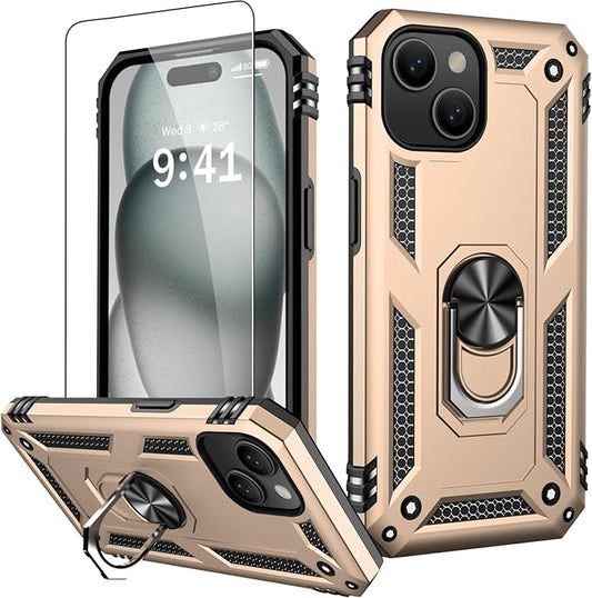 IKAZZ for iPhone 15 Case 6.1 Inch with Screen Protector,Military Grade Shockproof Heavy Duty Protective Phone Cover Pass 16ft Drop Test with Magnetic Kickstand Car Mount Holder,Gold
