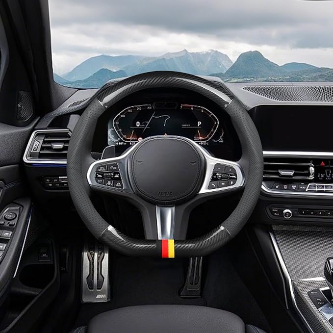 Ergocar Car Steering Wheel Cover Non-Slip Car Steering Wheel Protector Sport D-Shape Carbon Fiber & PU Leather Universal for Diameter 38cm(15") (Black-G)