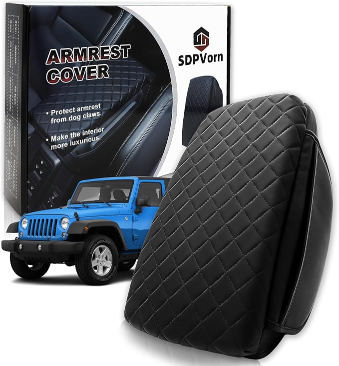 Armrest Cover for Jeep Wrangler Center Console Pad with Organizer Storage Pockets, Black Faux Leather Arm Rest Lid Protector Cushion Interior Accessories (2011-2017 Wrangler JK)
