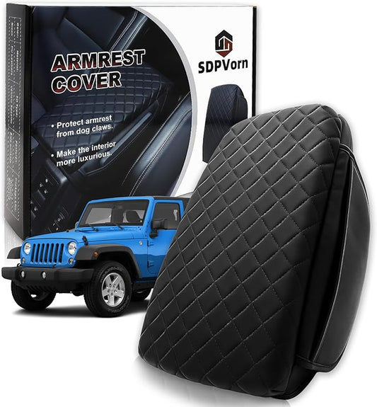 Armrest Cover for Jeep Wrangler Center Console Pad with Organizer Storage Pockets, Black Faux Leather Arm Rest Lid Protector Cushion Interior Accessories (2011-2017 Wrangler JK)