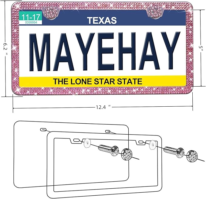 Pink License Plate Frame 2 Packs Bling License Plate Frame for Women Sparkly Diamond License Plate Frames Glitter Rhinestone License Plate Frame with Pink Tire Valve Caps with Giftbox