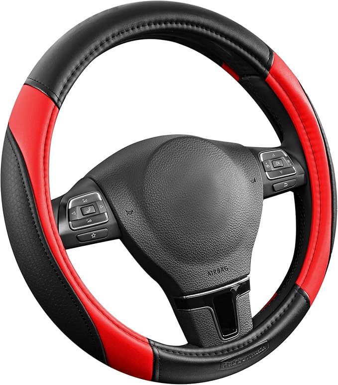 Rubbermaid Steering Wheel Cover – Universal Fit 14.5"–15" Steering Wheel Cover, Anti-Slip Grip, Breathable Leather, All-Season Protection, Interior Upgrade for Cars, Trucks, SUVs - Red