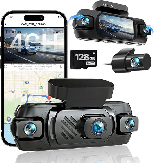 360° Dash Cam, 4 Channel Dash Cam Front and Rear Inside Left Right, Dash Camera for Cars with 128GB SD Card, Night Vision, Built-in WiFi GPS, APP Control, Parking Monitor, Loop Recording