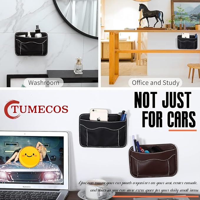 Tumecos Car Side Pocket Organizer PU Leather Seat Side Storage BagSmall Debris Organizer Hanging Cell Phone Mobile Paste Type Bag for Stowing Tidy Universal Accessories（BlackB-2pcs）