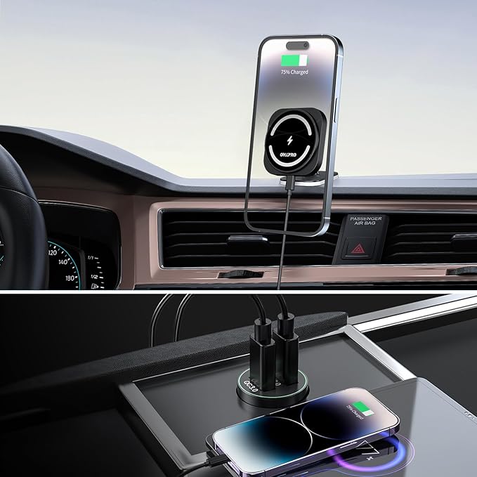 OHLPRO for Magsafe Car Mount, Super Strong Magnetic Wireless Car Charger Compatible with iPhone 17 Pro max,17/16/15/14/13 Series, [with QC 3.0 Adapter] Dashboard Car Phone Holder