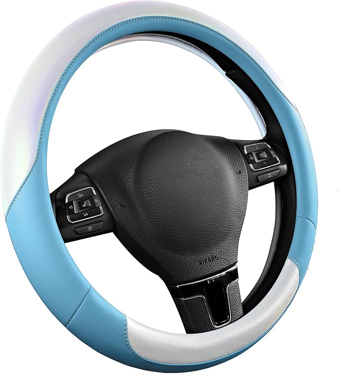 Road Comforts Steering Wheel Cover – Breathable Leather Steering Wheel Cover, Anti-Slip Grip, Universal Fit 14.5” to 15”, Heat & Cold Resistant for Cars, SUVs, and Trucks – Shining White & Blue