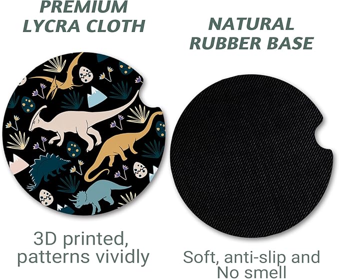 Dinosaur Car Coasters - Anti-Slip Rubber Cup Mat with Finger Notch - 2 Pack for Car Cup Holders - Cute Interior Accessories for Women & Men