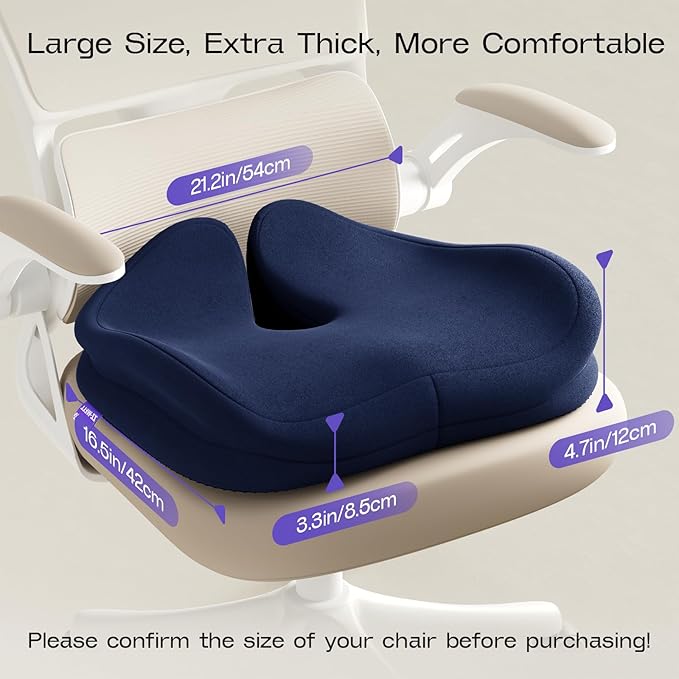 Seat Cushions for Office Chairs - Ergonomic Tailbone Pain Pressure Relief Seat Cushion - Extra Large & Thick Design Memory Foam Office Chair Cushion, 21.2" W X 16.5" L (Blue)