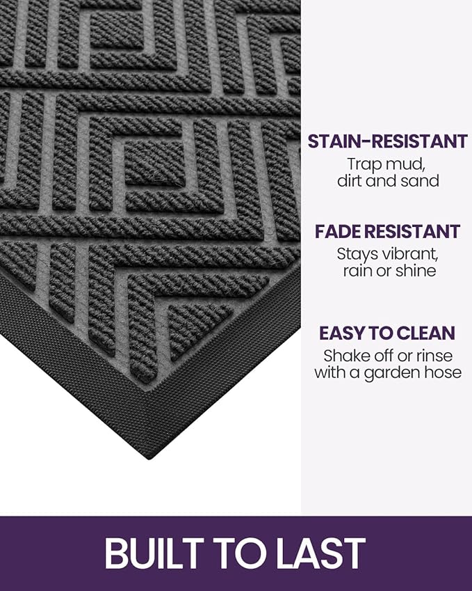 DEXI Front Door Mat Outside Entrance, Heavy Duty Rubber Backed Doormat, Stain and Fade Resistant, Low-Profile Easy Clean Entryway Floor Mats, 32x48, Checkered Grey
