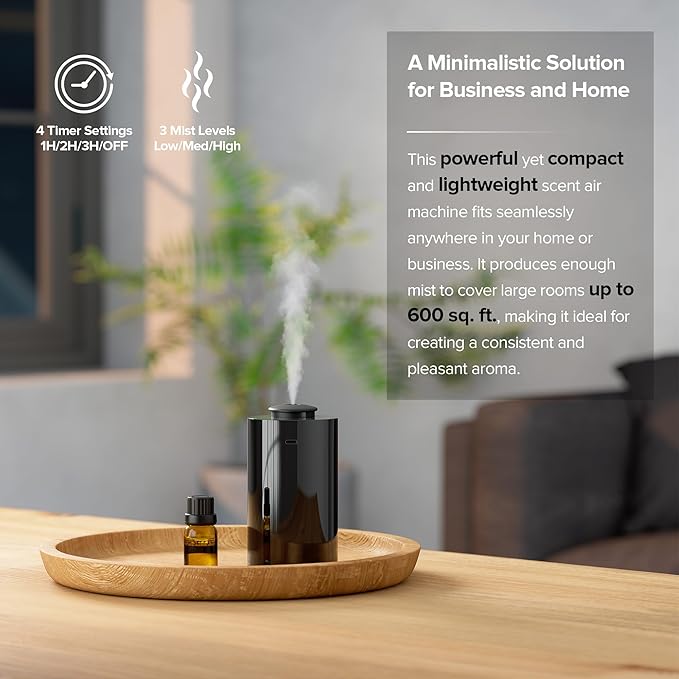 Waterless Essential Oil Diffuser for Home Aromatherapy Car Nebulizing Diffuser Battery Operated 20mL Mini Scent Air Machine Up to 600 Sq.Ft. 4 Countdown Timers 3 Mist-Level (AN7 Black 2PCS)