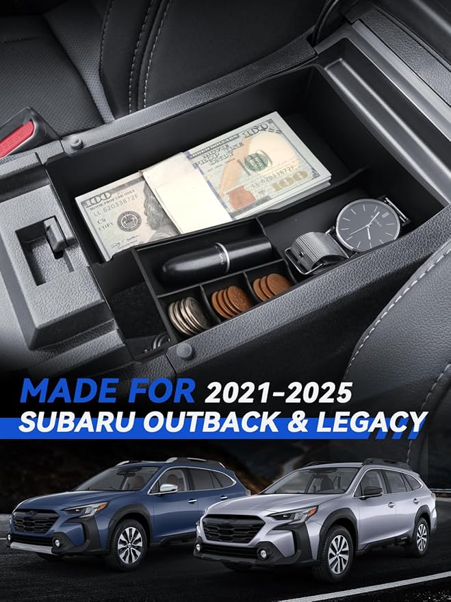 for Outback 2pcs Center Console Organizer Subaru Outback & Legacy 2021-2024 2025 Accessories Armrest Tray Middle Storage Box Insert Container Durable ABS Plastic (Upper & Lower 2 Packs Black)