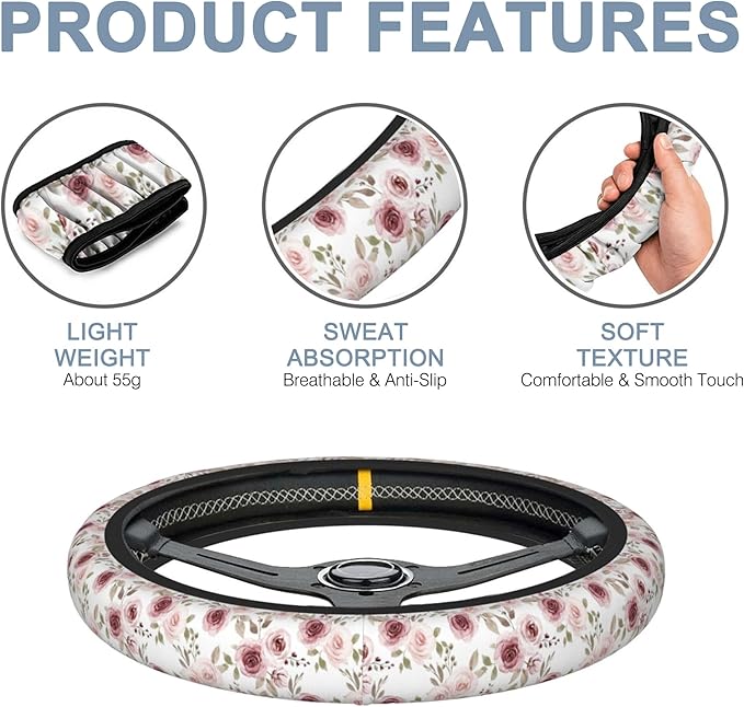 Watercolor Pink Flowers and Burgundy Roses Car Steering Wheel Cover for Women Men with 2 Pcs Car Coasters,Universal 15Inch Steering Wheel Covers Anti-Slip and Practical Auto Accessories Fit Auto,Suvs