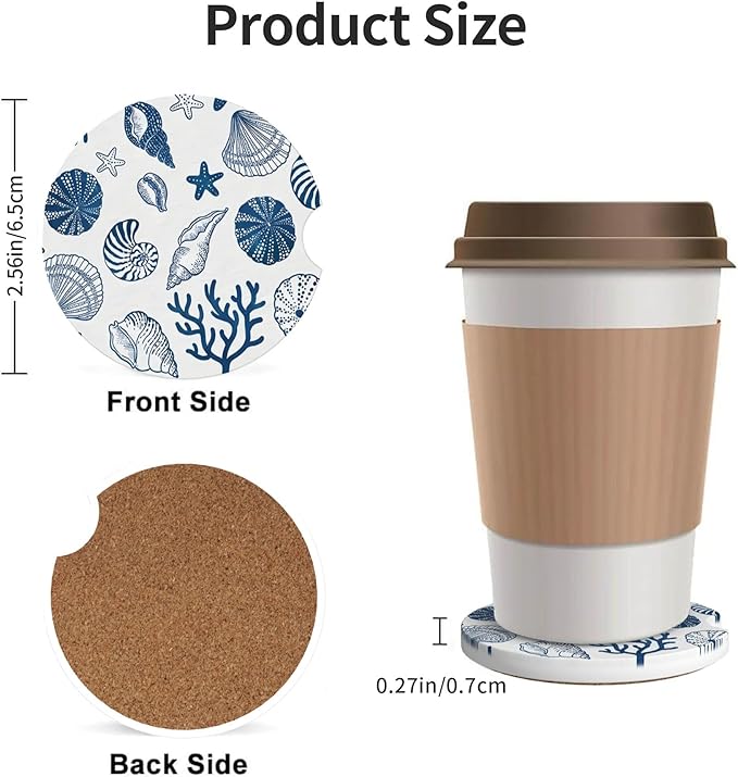 Absorbent Car Coasters for Cup Holders, 2 Pack Universal Anti Slip Ceramic Cup Coaster for Women Men 2.56 Inch Car Interior Accessories - Blue Sea Shell 013