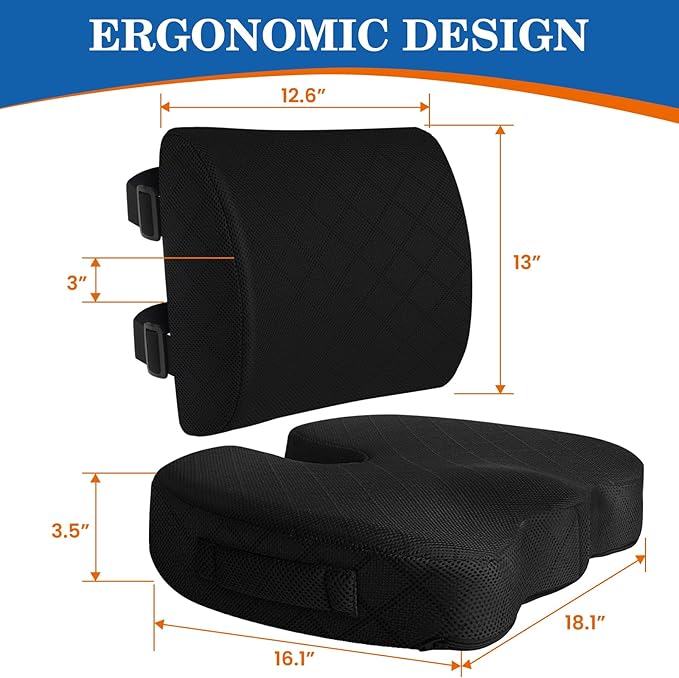 TushGuard Back&Seat Cushion, Car Seat Office Chair Cushions, Memory Foam Lumbar Back Support Pillow, Portable Airplane Seat Cushion for Travel, Computer Desk, Wheelchair, Driving (Black, X-Large)