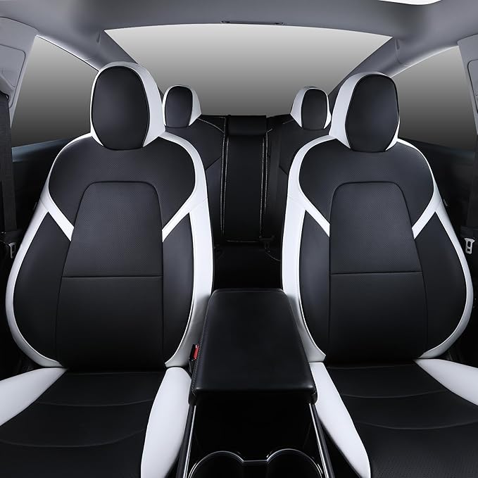 Suitable for Tesla Model 3 Seat Covers, Waterproof Faux Leather Car Seat Covers Full Set forTesla Model 3 2023 2022 2021 2020 2019 2018 2017 (Black+ White)
