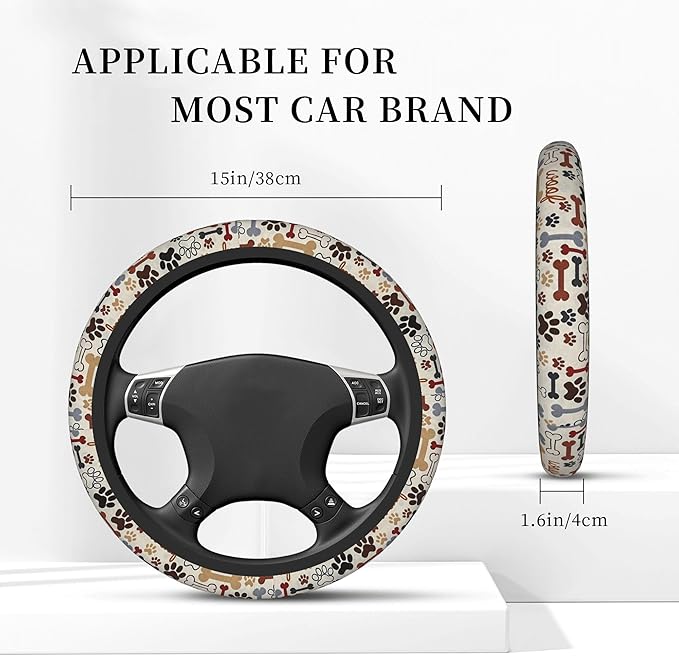 Paw Prints Steering Wheel Cover for Women Men, 15 Inches Brown Dog Cat Paw Neoprene Anti-Slip Cute Universal Car Steering Wheel Grip Wrap Car Accessories Protective Case Cover for Vehicle Truck SUV