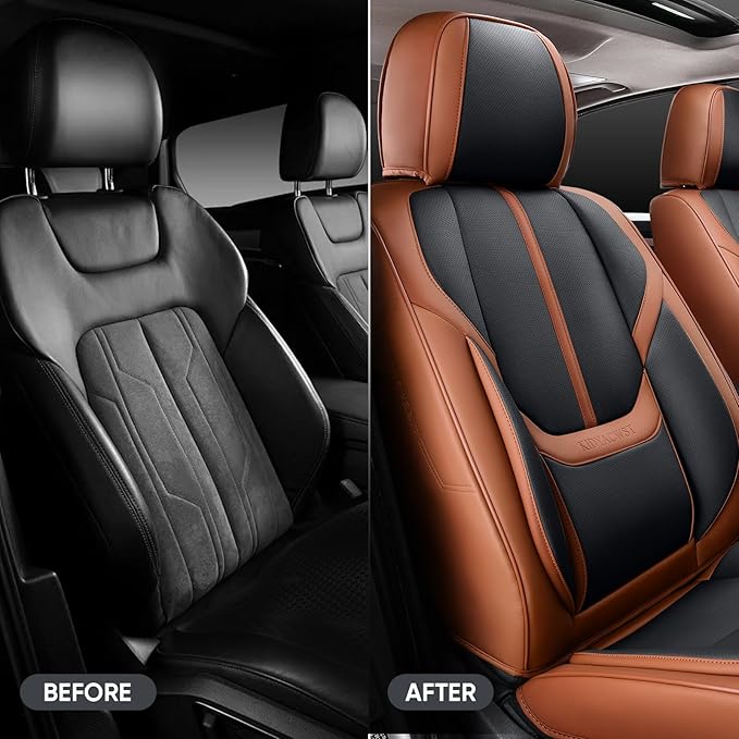 Auto Car Seat Covers Accessories Full Set Leather Cushion Protector Breathable Waterproof Seat Cover for Cars Universal Fit (Brown&Black, FullSet Without Headrest)