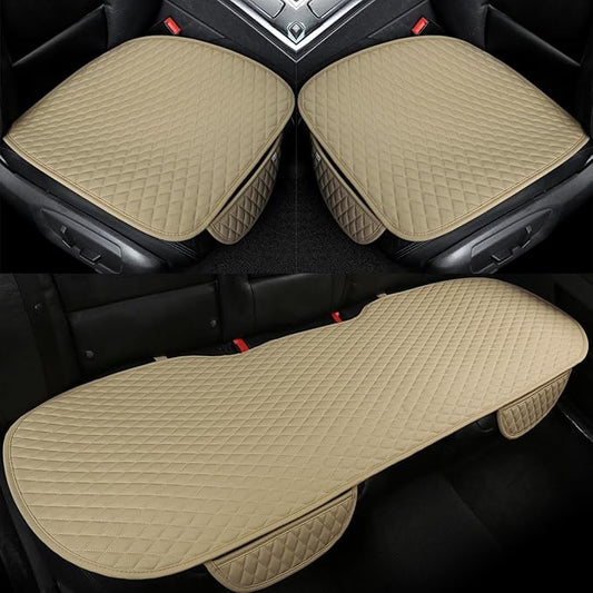 West Llama Pu Leather Car Seat Bottom Covers Protectors Include 1 Pair Front Driver Seat Pad Mat and 1 Rear Bench Cover Universal Fit 90% Vehicles,Beige