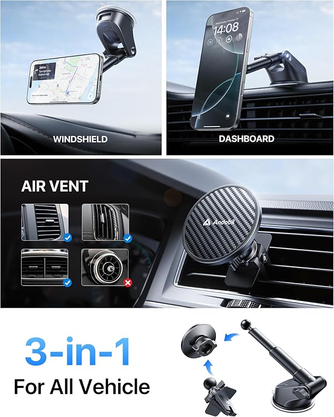 【True Military-Grade】andobil 3 in1 Magnetic Phone Holder for Car Dashboard Windshield Vent 【Upgrade Suction & Strongest Magnet】Retractable for MagSafe Car Mount for iPhone 17 16 15 14 Pro Max Sumsung
