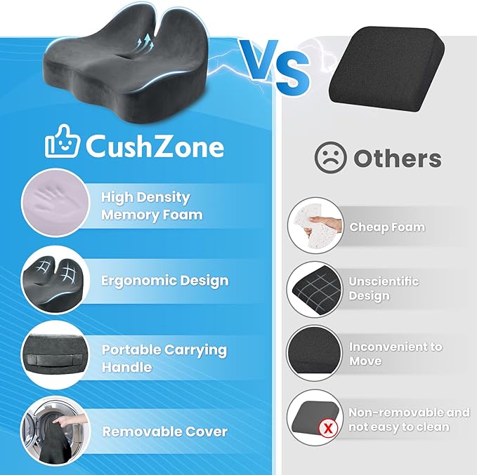 Seat Cushion, Memory Foam Office Chair Seat Cushion for Office Chairs/Car/Long Trip/Desk Chair/Gaming, X-Large Size for Sciatica & Hip & Tailbone Pain Relief, Sciatica Support (Gray)