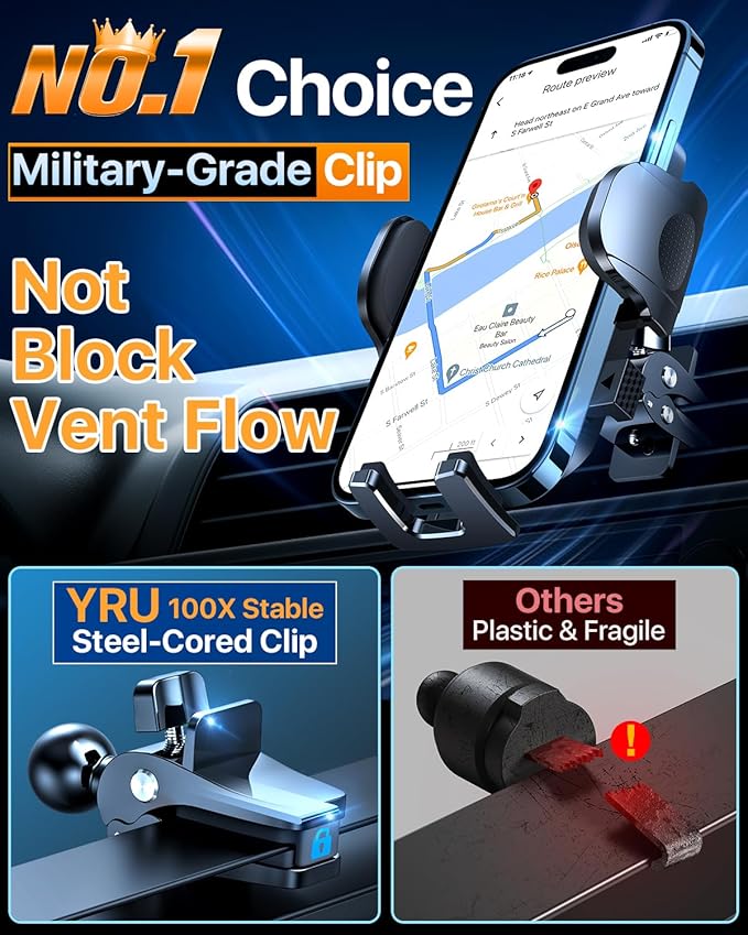 YRU [True Upgrade for Safety] Car Phone Holder Mount [Patent & Military-Grade] Dashboard Cell Phone Holder for Car Vent Windshield Phone Stand for iPhone 17 16 15 14 13 Pro Max Truck Samsung, Black