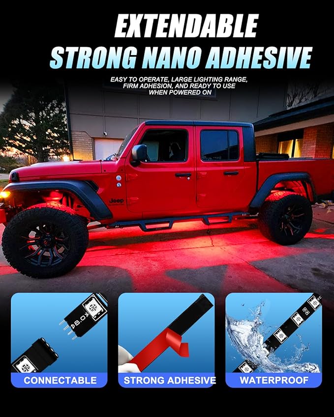 12V Led Light Strip 12" Connectable Red LEDs Strip Lights for Cars Motorcycle Golf Cart Boat Marine Waterproof Car Led Strip, 4Pack