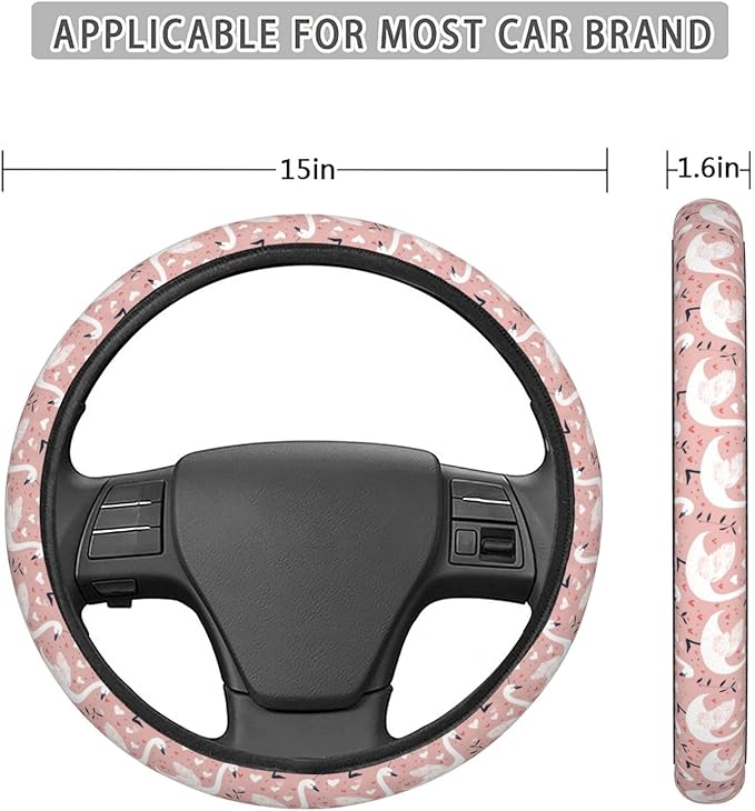 White Swans Hearts Steering Wheel Covers Anti-Slip Elasticity Car Accessories Steering Wheel Protector Universal 15 Inch for Cars SUV Vehicle Truck