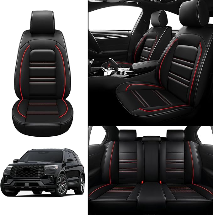 Seat Covers for Ford Explorer 2011-2025 | 5-Seats Leather Seat Covers, Easy to Install Automotive Seat Covers Full Set (Full Set, Black&Red Line)