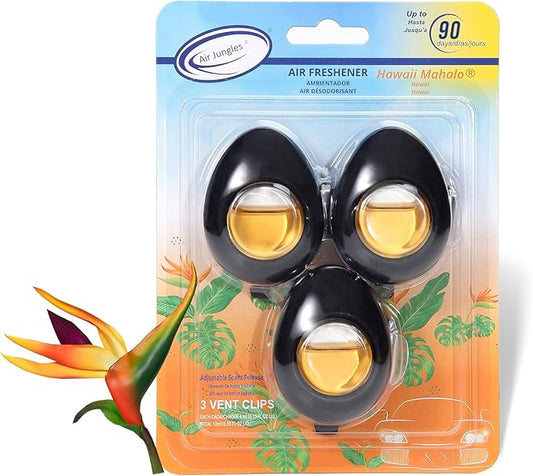 Air Jungles Car Air Freshener Vent Clip 3 Count, Hawaii Mahalo Scent, 4 ml Each, Long-Lasting Car Odor Eliminator, Easy Clip-On Design, Up to 90 Days Freshness for Cars, Trucks, and SUVs