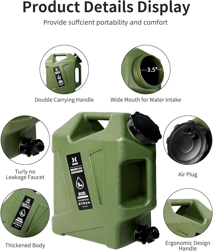 HAIGE 5 Gallon Water Jug with Spigot, BPA-Free Portable Water Container for Camping Picnic Hiking Emergency Water Storage, Green 5 Gal Water Tank with Handle & Lid