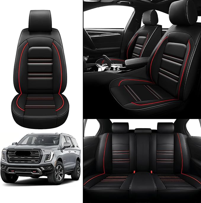 Seat Covers for gmc Yukon 2000-2025 | 5-Seats Leather Seat Covers, Easy to Install Automotive Seat Covers Full Set (Full Set, Black&Red Line)