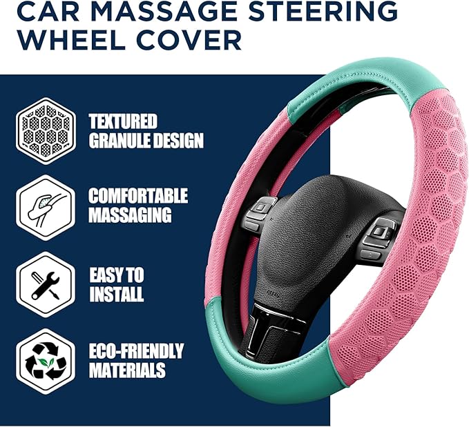 PIC AUTO Massage Steering Wheel Cover, Pink Football Pattern Material Spliced & Light Green Leather Car Steering Wheel Cover, Car Steering Cover, Universal Fit 14.5"-15.5" for Cars, Trucks, Van, SUVs