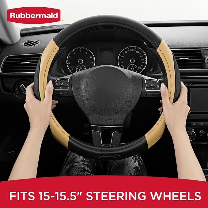 Rubbermaid Steering Wheel Cover – Universal Fit 14.5"–15" Steering Wheel Cover, Anti-Slip Grip, Breathable Leather, All-Season Protection, Interior Upgrade for Cars, Trucks, SUVs - Beige