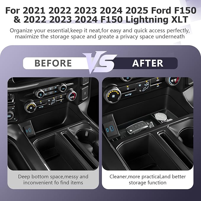 LUWU Center Console Organizer for 2021-2024 2025 Ford F150 & 2022-2024 F150 Lightning XLT Hidden Storage Tray Lower Storage Box 2025 F150 Accessories Fits into The Open Pocket in Front of The Shifter