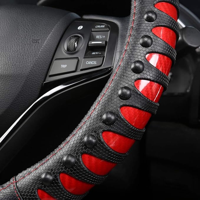West Llama Microfiber Leather Car Steering Wheel Cover for Men Women,Universal Fit 14.5-15 inch(Leather Nails-Red+Black-Standard Size)