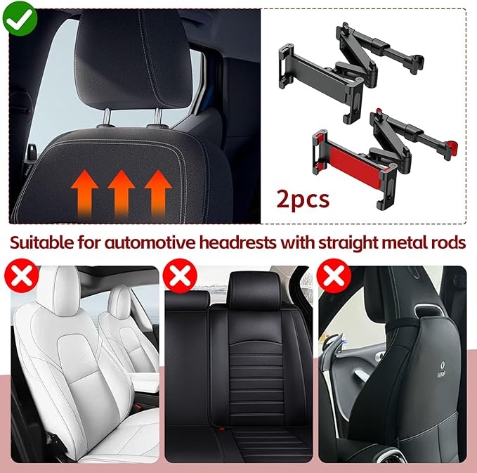2 Pack Car Headrest Tablet Holder, Foldable Backseat Mount for iPad & Phones, 360° Rotating Adjustable Car Tablet Stand for 6.3-18.4" Devices, Black & Red