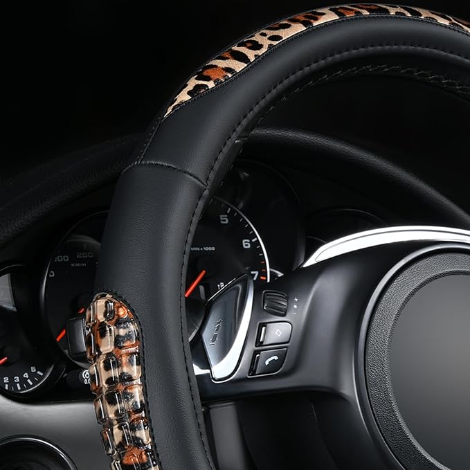 Flying Banner car Steering Wheel Cover Gel Massage Velvet Cool Warm Universal Size 15 inches SUV Truck Anti Slip Odorless Summer Winter (Black Brown Leopard Print, Gel Massage)