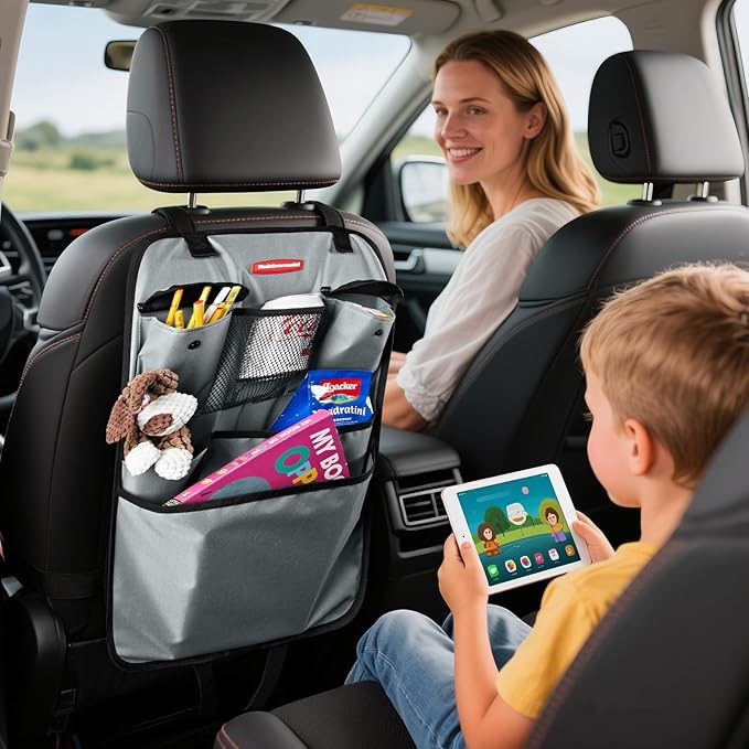 Rubbermaid Backseat Car Organizer, Kick Mats and Seat Back Protector, Car Organizer for Kids with 6 Storage Pockets, Travel Essentials for SUV, Truck, Car - 2 packs Gray
