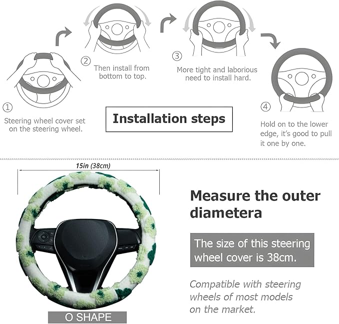 Green Plush Flowers Steering Wheel Cover Auto Jacquard Steering Wheel Protector, Anti-Slip, Breathable, Absorbing Sweat, Universal Car Accessories 14.5–15 inch,Fit for Most Car, Trucks, SUV