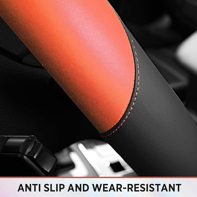Road Comforts Steering Wheel Cover – Breathable Leather Steering Wheel Cover, Anti-Slip Grip, Universal Fit 14.5” to 15”, Heat & Cold Resistant for Cars, SUVs, and Trucks – Black & Shining Orange