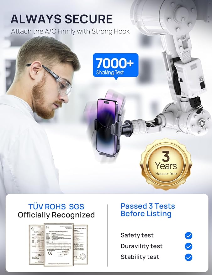 Car Phone Holder Mount for Air Vent, [Never Shake Hook Clip] 360° Adjustable Vent Clip, Compatible with Big Phones,Thick Cases, Phone Holders for Your Car–Fits iPhone, Samsung and Android