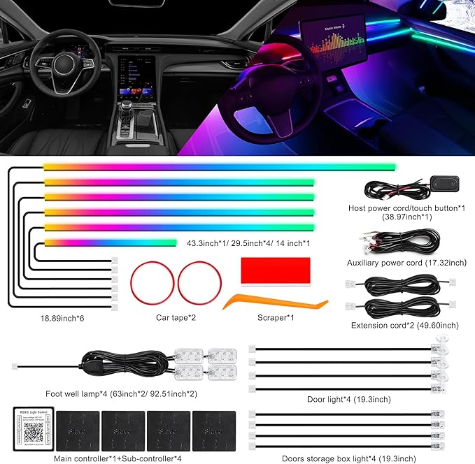 Dreamcolor Acrylic Interior Car LED Strip Light with Wireless APP, RGB 18 in 1 with 175 inches 612 LEDs Fiber Optic Strip Lights for Car, Dual Zone Music Sync Neon Car Ambient Lighting Kits