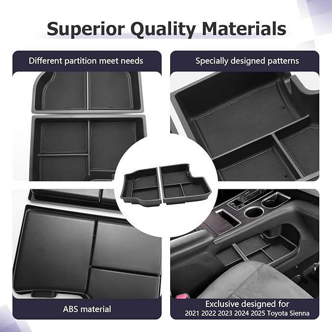 LUWU Lower Center Console Tray Storage Box for 2021 2022 2023 2024 2025 2025 Toyota Sienna Accessories Console Bottom Organizer ABS Material Interior Black 2-Pack (Not Fit w/Refrigerator)