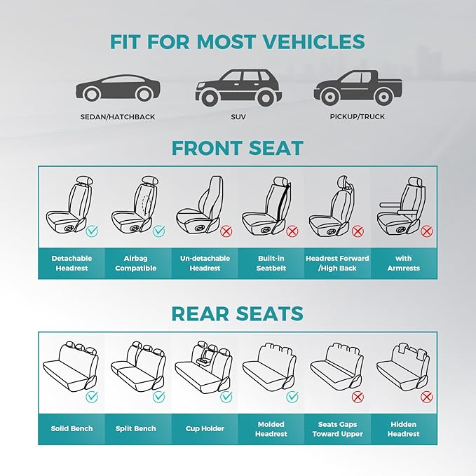 Grey Car Seat Covers Full Set - Breathable Faux Leather Universal 5 Seat Covers for Cars, Automotive Protector Fit for Most Sedan SUV Pick-up Truck