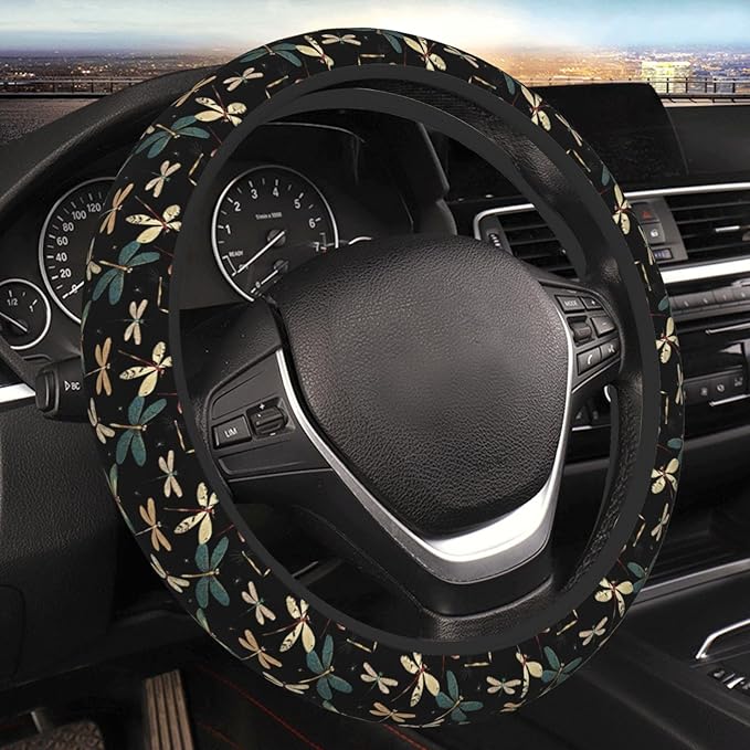 Various Dragonflies Colors Steering Wheel Cover for Women Girls, 15 Inches Anti-Slip Steering Wheel Cover for Auto Truck SUV