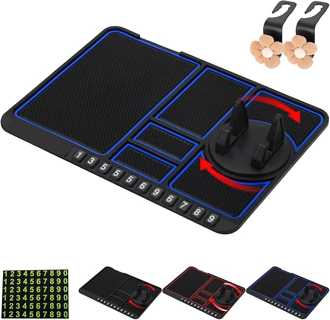Anti-Slip Mat with Mobile Phone Holder, 2026 New Multifunction Car Anti-Slip Mat Auto Phone Holder, Extra Large Car Dash Accessories for Phone, Keys, Sunglasses (Blue)