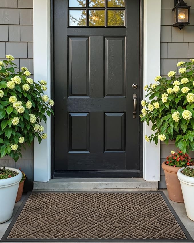 DEXI Front Door Mat Outside Entrance, Heavy Duty Rubber Backed Doormat, Stain and Fade Resistant, Low-Profile Easy Clean Entryway Floor Mats, 2x3, Checkered Brown